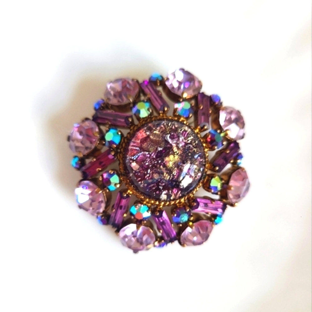 Vintage Chunky Purple Pink Crystal Pinwheel Cluster Brooch Pin